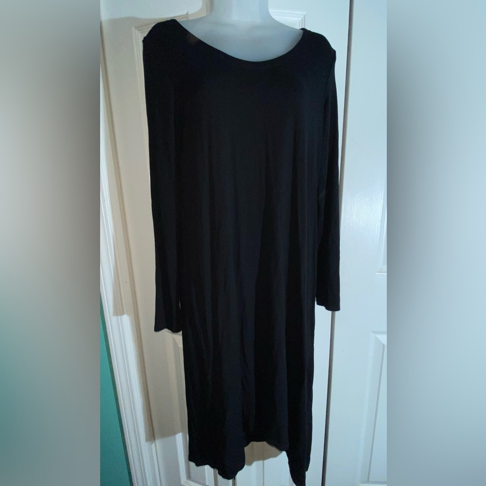 Eileen Fisher Long Sleeved Midi Length Dress Black Stretch Viscose Spandex  AA15